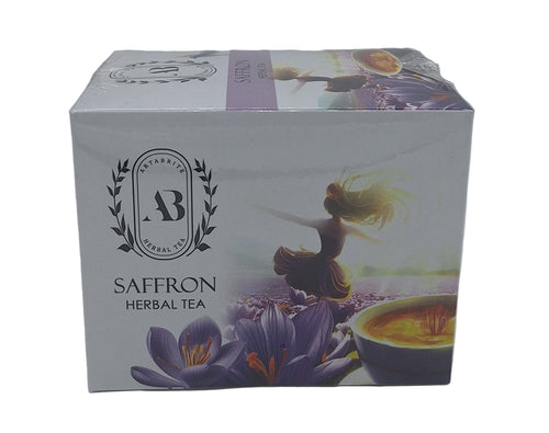 Box of saffron herbal tea with branding and product imagery on a white background