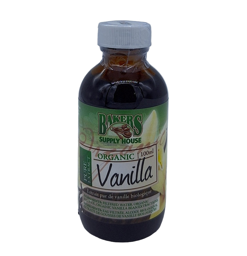 Bottle of Bakers Supply House organic vanilla extract on a gray background
