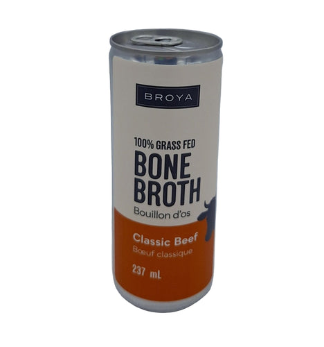 Can of Broya 100% Grass Fed Bone Broth Classic Beef on a gray background