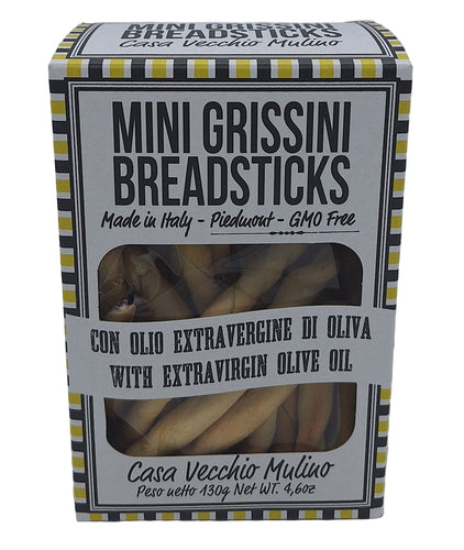 Box of Mini Grissini Breadsticks with text on a gray background