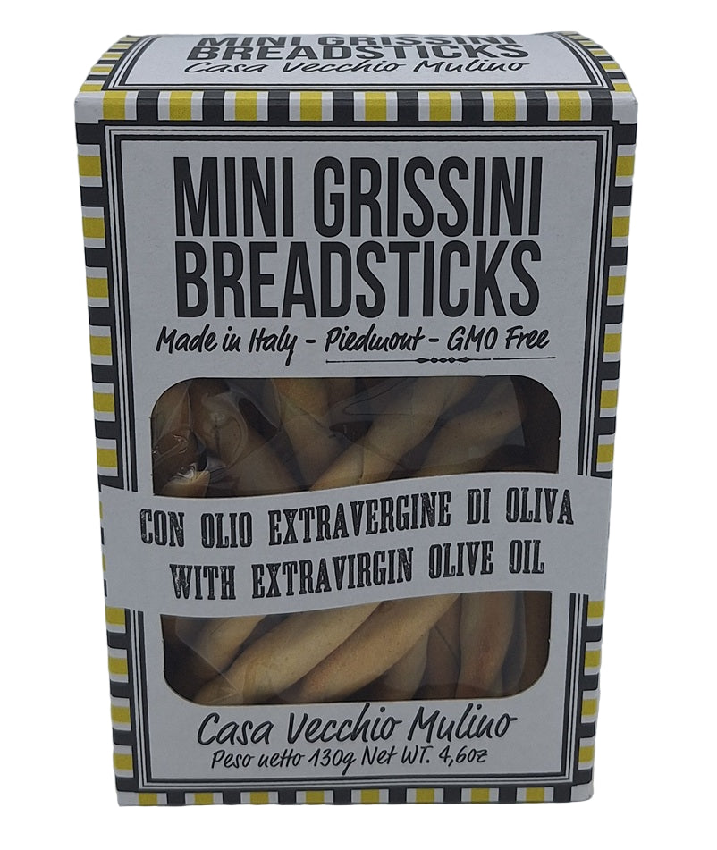 Box of Mini Grissini Breadsticks with text on a gray background