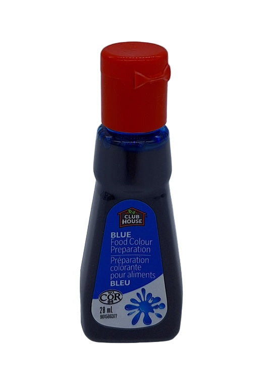 Bottle of blue food color preparation with a red cap on a gray background