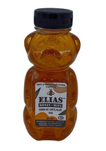 Load image into Gallery viewer, Honey bear bottle with black lid and Elias honey label on a white background
