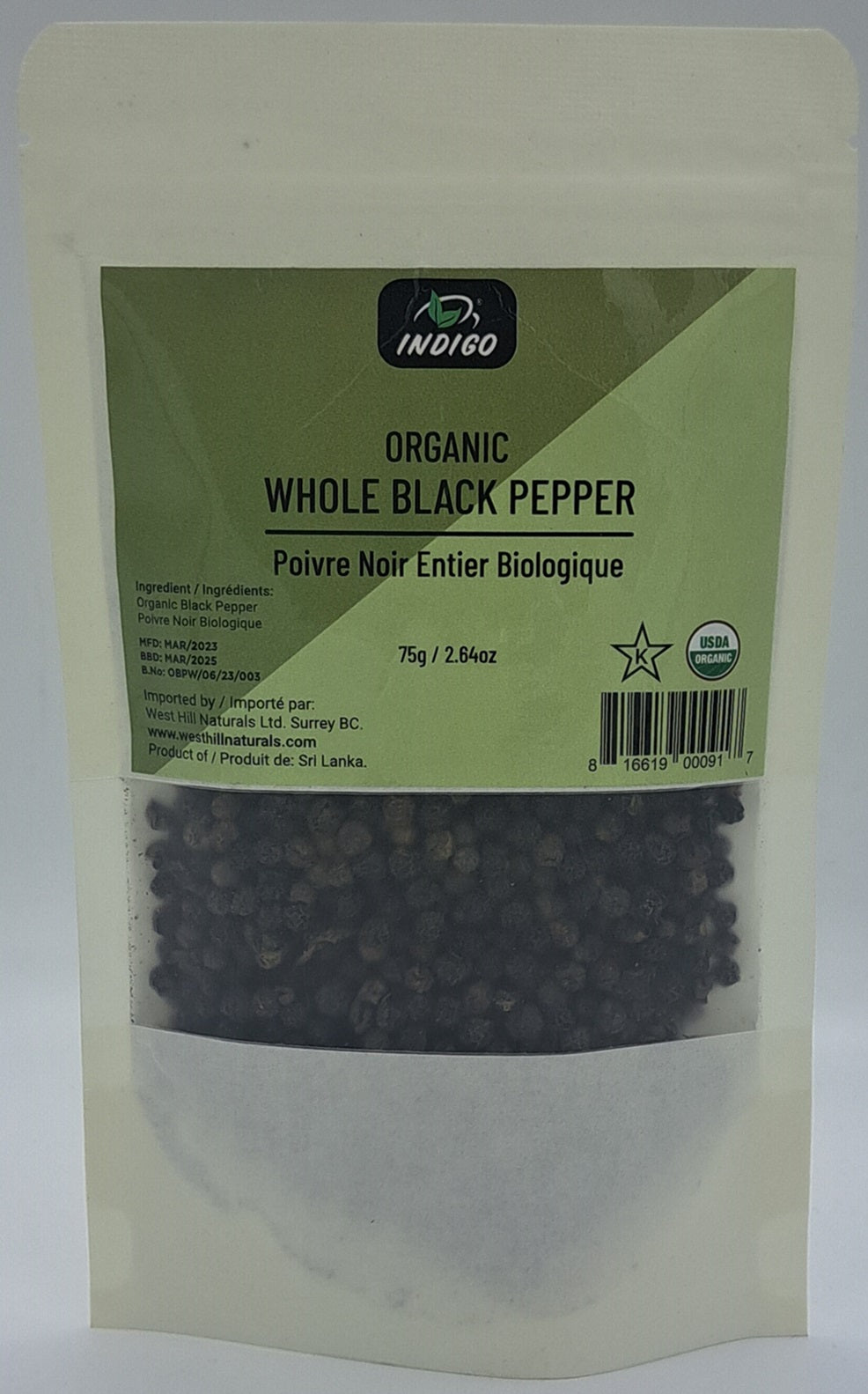 Indigo Organic Whole Black Pepper 75g