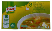 Load image into Gallery viewer, Knorr Chicken Flavoured Bouillon Cubes packaging with a bowl of soup on a yellow background
