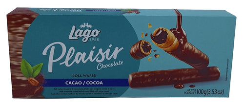 Lago Plaisir Chocolate roll wafers packaging on a light gray background