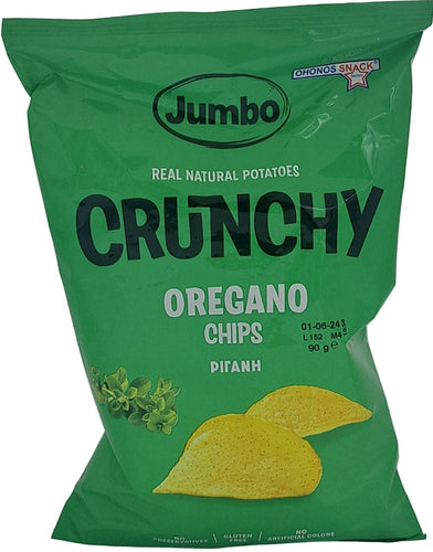 A package of Jumbo brand Crunchy Oregano Chips. The bag is green with images of the chips and oregano leaves, and text detailing the product weight and flavor.